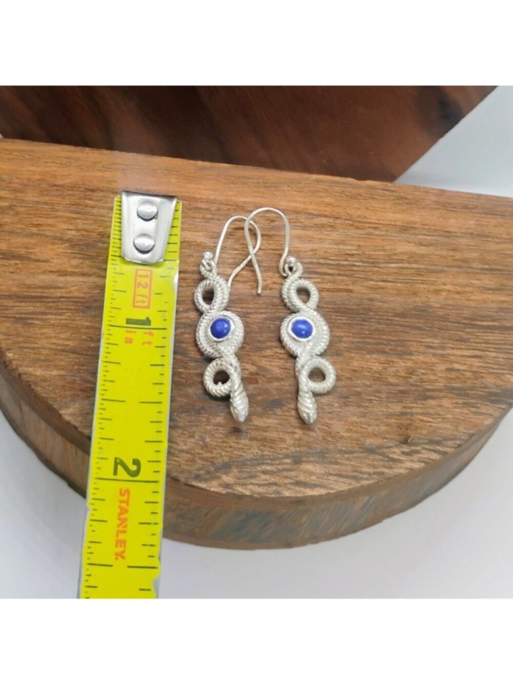 925 Sterling Silver Rattlesnake Earrings w/Lapis Lazuli Stone 1.5" Long - Picture 4 of 8